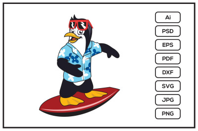 Penguin cartoon character on the beach design illustration