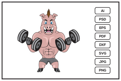 Pig fitness bodybuilder cartoon character design illustration