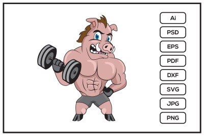 Pig fitness bodybuilder cartoon character design illustration