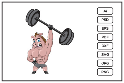 Pig fitness bodybuilder cartoon character design illustration