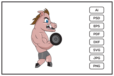 Pig fitness bodybuilder cartoon character design illustration