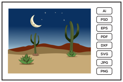 Night desert landscape cartoon design illustration