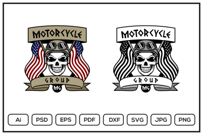 Motorcycle group logo with human skull head design illustration
