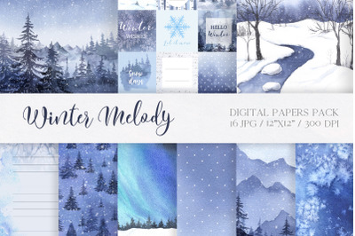 Watercolor Blue Winter Landscapes Digital Papers