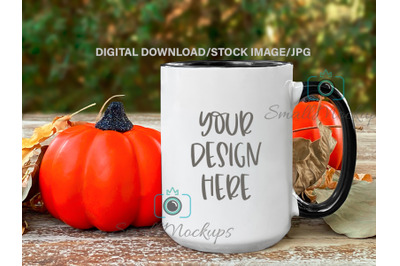 Fall Coffee Mug Mockup, 15oz Mug Mockup, Black Handle and Rim mug mock