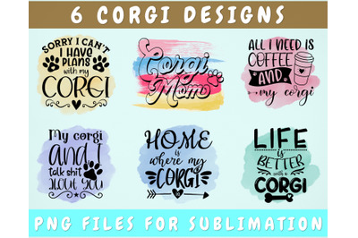 Corgi Sublimation Designs Bundle, 6 Designs, Corgi PNG Files