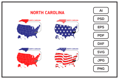 North Carolina map with usa flag design illustration