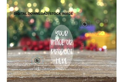 Christmas Bokeh Mockup Background&2C; Christmas Tree Lights Rustic Table