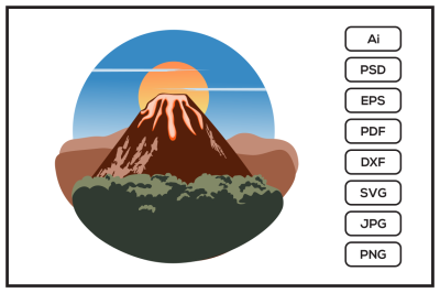 Volcano mountain landscape with trees, sky and sun design illustration