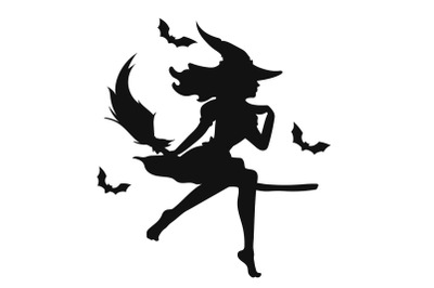 Black silhouette of a beautiful glamour witch flying on a broomstick