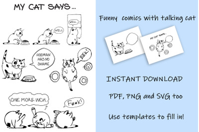 My cat says comics || Digital template with funny images