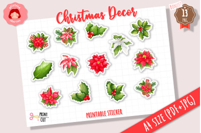 Christmas Poinsettia Printable Sticker Sheet | Christmas Ornament Stic