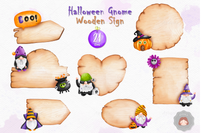 Halloween Gnome Wooden Sign Clipart | Watercolor Gnome Illustration