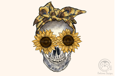 Messy Bun Sunflower Skull Sublimation Design