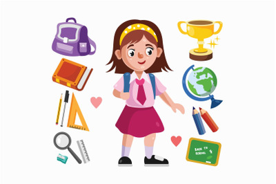 Girl Student and School Supplies Illustration