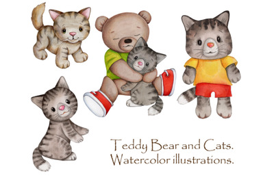 Teddy Bear and Cats. Watercolor illustration.