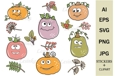 Kawaii autumn pumpkins bundle, stickers, clipart