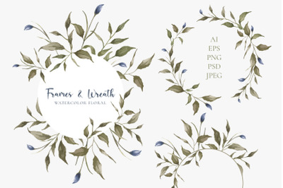 Watercolor Frames and Wreath Floral Clipart PNG