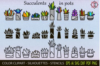 Succulents in pots. Bundle.Clipart/Silhouettes/Stencils