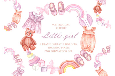 Baby girl watercolor wreath, frame. Watercolor clipart. Little girl.