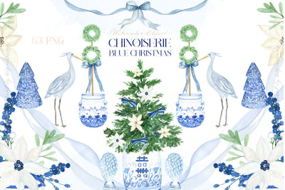 Blue Christmas Chinoiseries Watercolor Clipart