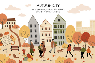 Autumn city clipart, cozy fall vector and png illustrations, patterns