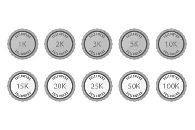 Set of badge labels with numbers of followers, 5k, 10k, 100k