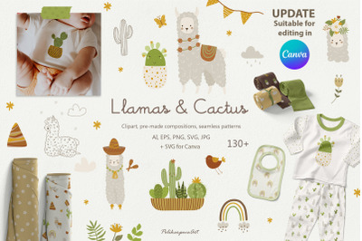 Llamas &amp; Cactus clipart and seamless patterns