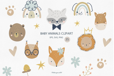 Baby face animals clipart, kids print
