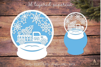 Snow globe svg papercut with Christmas truck and tree