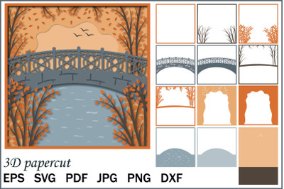 Multi-layered postcard with 3D landscape, autumn bridge