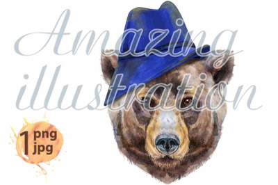 Bear head in blue hat. Watercolor bear painting illustration isolated