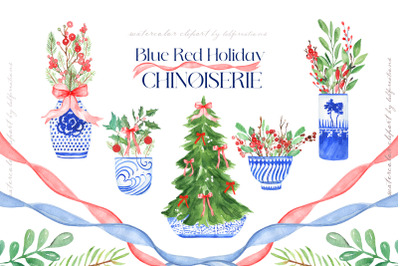 Blue Red Holiday Chinoiserie Watercolor Clipart