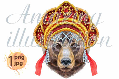 Bear head in Russian headdress kokoshnik
