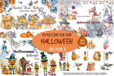 Halloween bundle. Watercolor clipart. 100 png elements