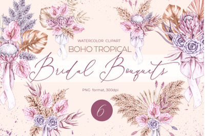 Watercolor Boho Bridal Bouquets clipart, PNG