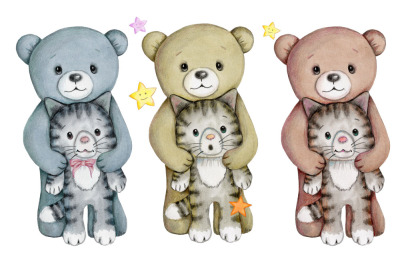 Three cute cartoon teddy bears with cats. Watercolor illustrations.