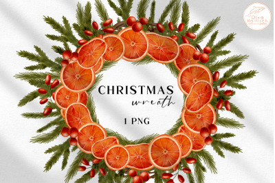 Watercolor Winter Christmas Wreath with Fir Branches, Orange Slices