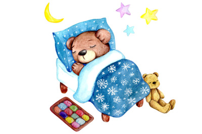 Cute Watercolor illustration of sleeping teddy bear.