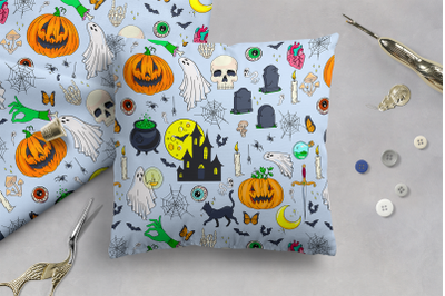 Haunted House Spooky Vibes Digital Seamless Pattern Repeat for Commerc