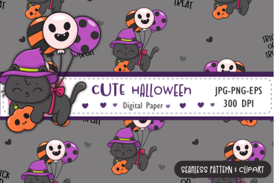 Halloween cat seamless pattern spooky balloon digital paper