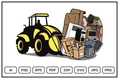 Cartoon of bulldozer moving household junk design illustration