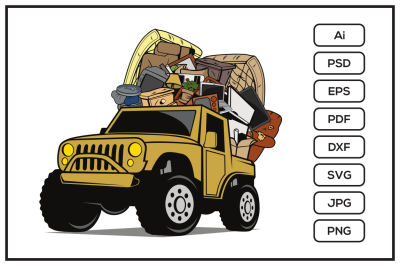 Offroad vehicle loaded full of household junk design illustration