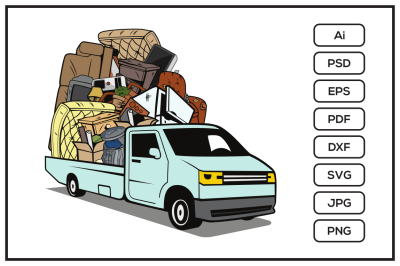 Cartoon pickup truck loaded full of household junk design illustration