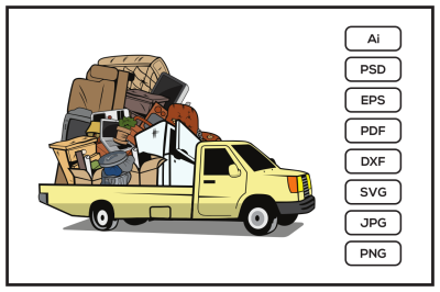 Cartoon pickup truck loaded full of household junk design illustration
