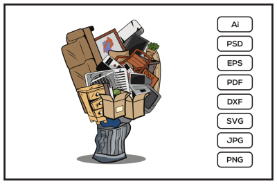 Trash can full of household junk design illustration