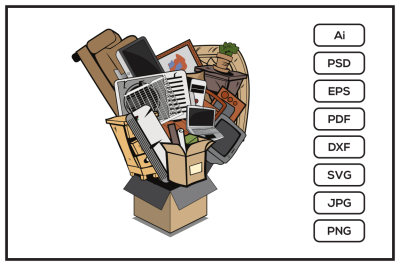Box full of household junk design illustration