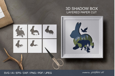 3D bunny Layered papercut SVG / DXF / EPS / AI Shadow box