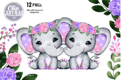 Twin Elephants Pink Purple Girls 12 PNG clip art, watercolor files