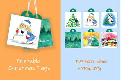 Square Christmas tags. PDF and JPG hand-drawn design.